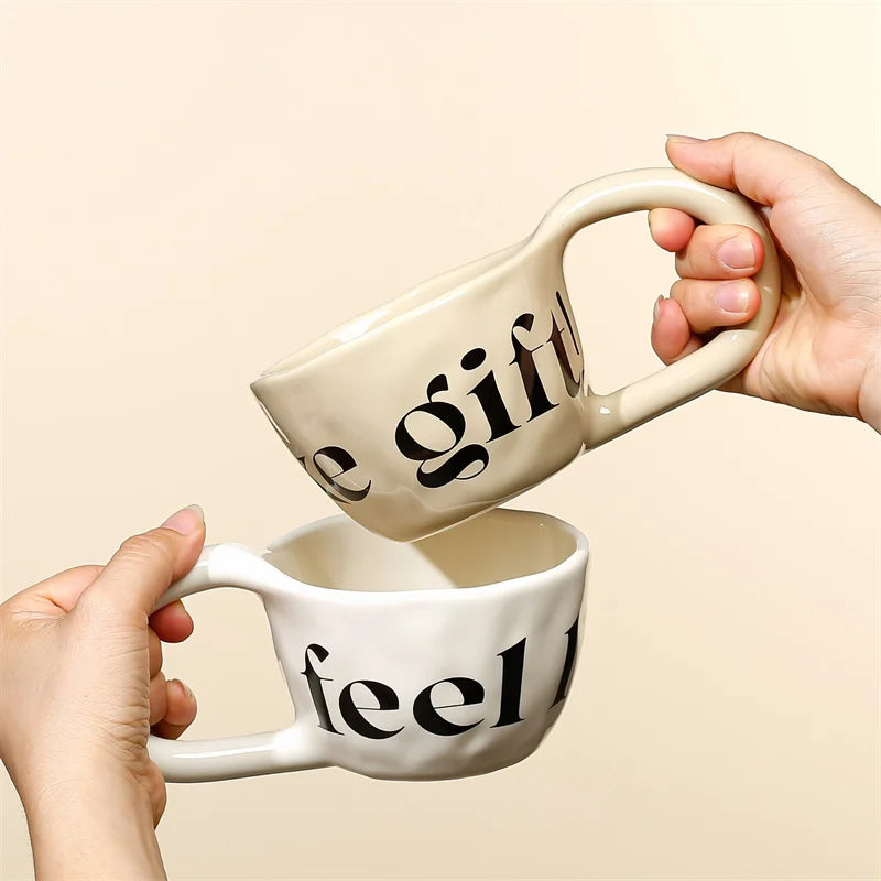 350ml English alphabet Large Handle Ceramic Mug Hand Pinched Irregular Coffee Cups Milk Oatmeal Cup Home Office Water Cups