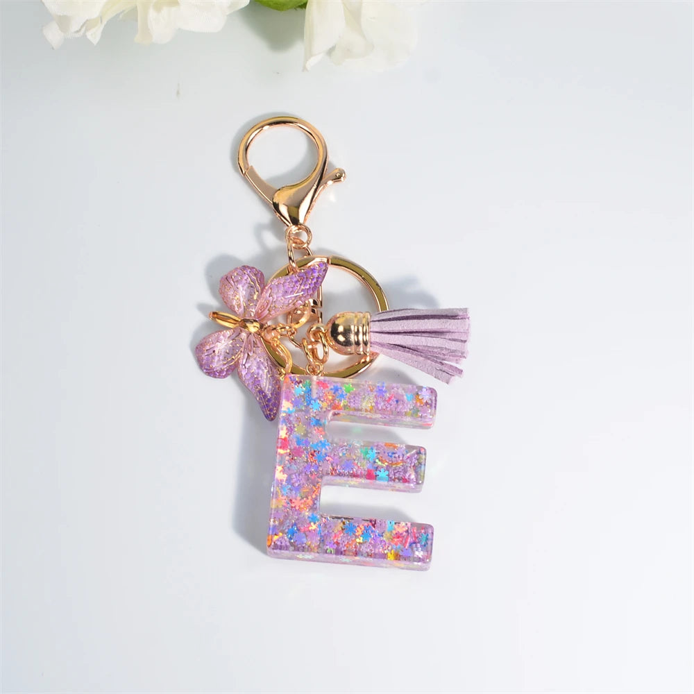 A-Z Dreamy Sequin Letters Keychain for Women Tassel Butterfly Pendant Initial Keyring Purse Suspension Bags Charms Car Key Chain