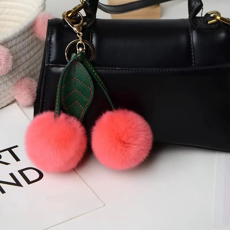 New Otter Rabbit Hair Cherry Multi-color Car Keychain Pendant Cute Pompom Doll Doll Bag Bag Hanging Key Chains for Women Gift