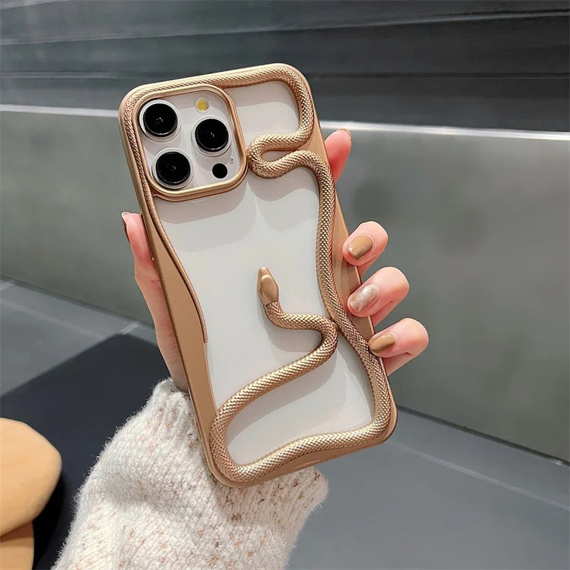 3D Snake Pattern Luxury Plating Phone Case For iPhone 16 15 14 Plus 13 12 11 Pro Max Hollow Out Shockproof Proteciton Soft Cover