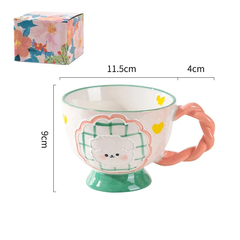 Cute Ceramic Mug Hand-painted Embossed Breakfast Cup 450ML Home Oatmeal Cups Breakfast Mugs Creative Milk Cups Coffee Cups