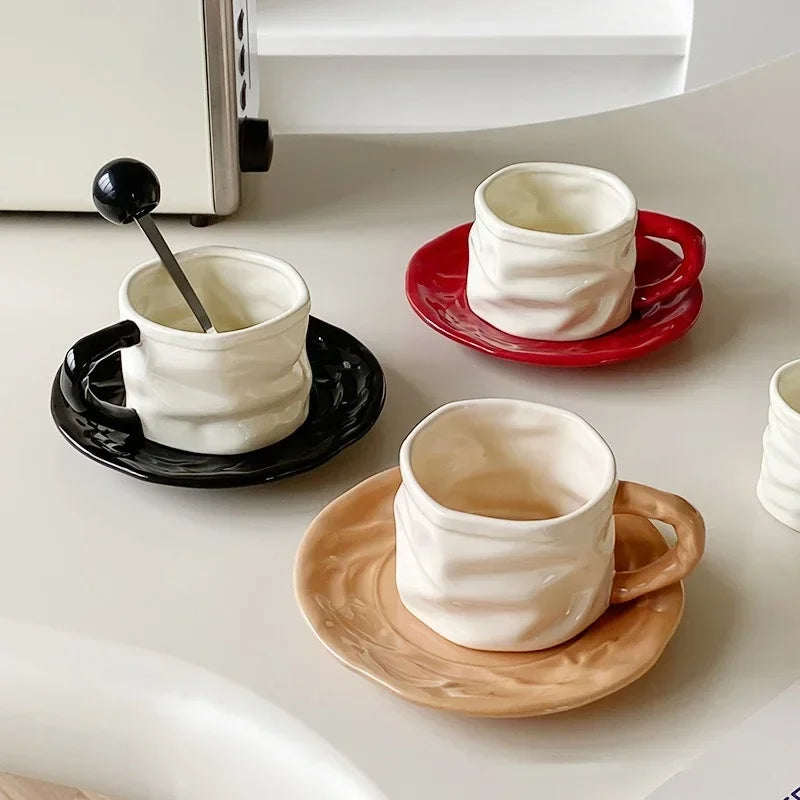 Exquisite Pleated design Ceramics Coffee Cup and Saucer Set 230ml Ceramics Mug Afternoon tea cup Couple Water cup Breakfast milk