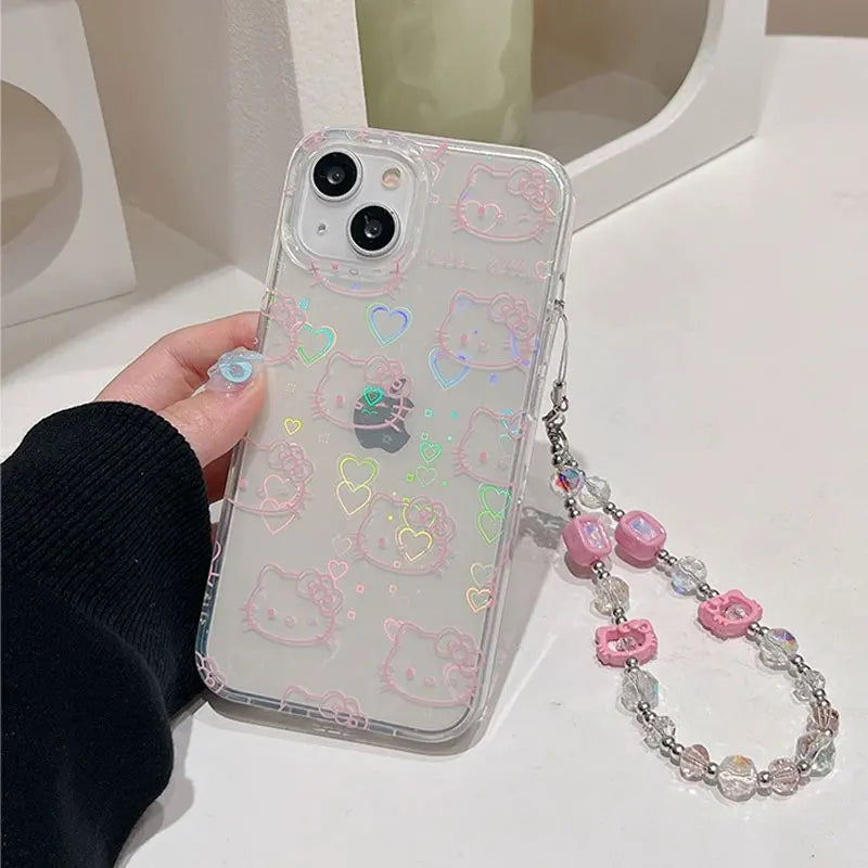 Sanrio Hello Kitty Full Screen Pink Laser Bow Phone Case For iPhone 16 15 14 12 13 11 Pro Max XR XS MAX 7 8 PLUS MINI Y2K Cover