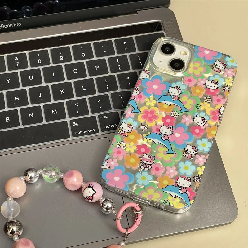 Full Screen Flower Hello Kitty Bow Mirror Strap Phone Case For iPhone 16 15 14 12 13 11 Pro Max XR XS MAX 7 8PLUS MINI Y2K Cover