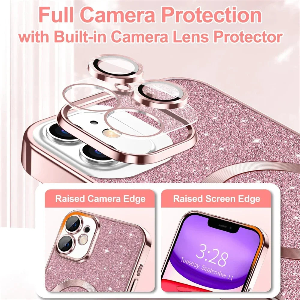 Electroplate Glitter Case For iPhone 16 15 14 13 12 11 Pro Max Plus For Magsafe Wireless Charge Bumper Cover With Lens Protector