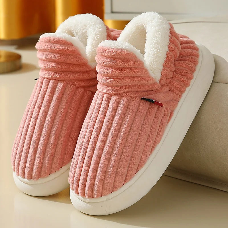 2024 Fashion Couple Winter Warm Plush Slippers Thick Sole Non Slip Casual Cotton Shoes Woman Corduroy Soft Indoor Home Slippers