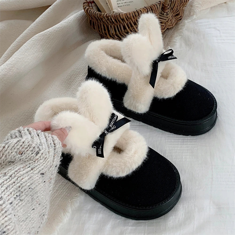 Women Snow Boots Fur Integrated Thick Soled Snow Boots For Women In Winter, Warm And Versatile Indoor Outdoor Boots Cute Rabbit