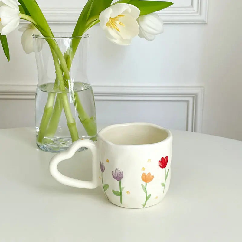 350ml Ceramic Coffee Mugs Korean Style Ins Hand Painted Floral hearts Hand Pinched Irregular Tea Milk Cup Breakfast Oatmeal Mug