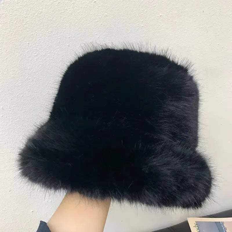 2024 Fluffy Faux Fur Bucket Hats Women Rabbit Fur Warm Thick Plush Winter Hat Lady Fashion Luxury Panama Furry Fisherman Cap Y2k