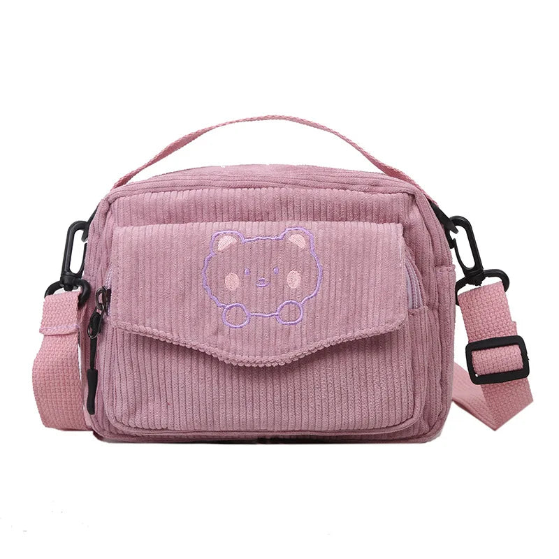 Women Fashion Corduroy Cartoon Bear Print Shoulder Bag Student Girls Tote Messenger Bag Satchel Travel Handbags Canvas Small Bag