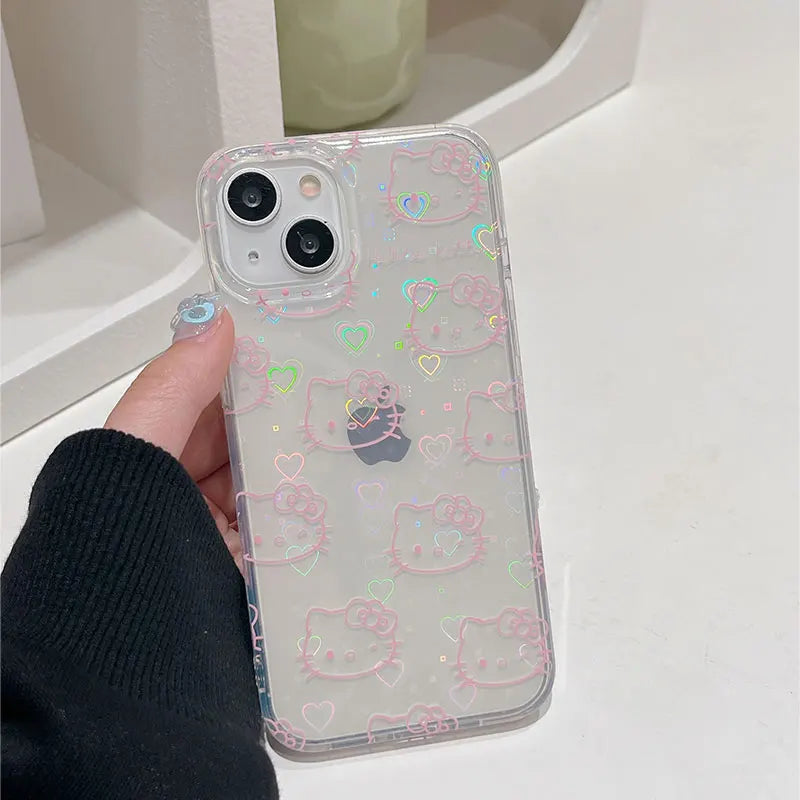 Sanrio Hello Kitty Full Screen Pink Laser Bow Phone Case For iPhone 16 15 14 12 13 11 Pro Max XR XS MAX 7 8 PLUS MINI Y2K Cover