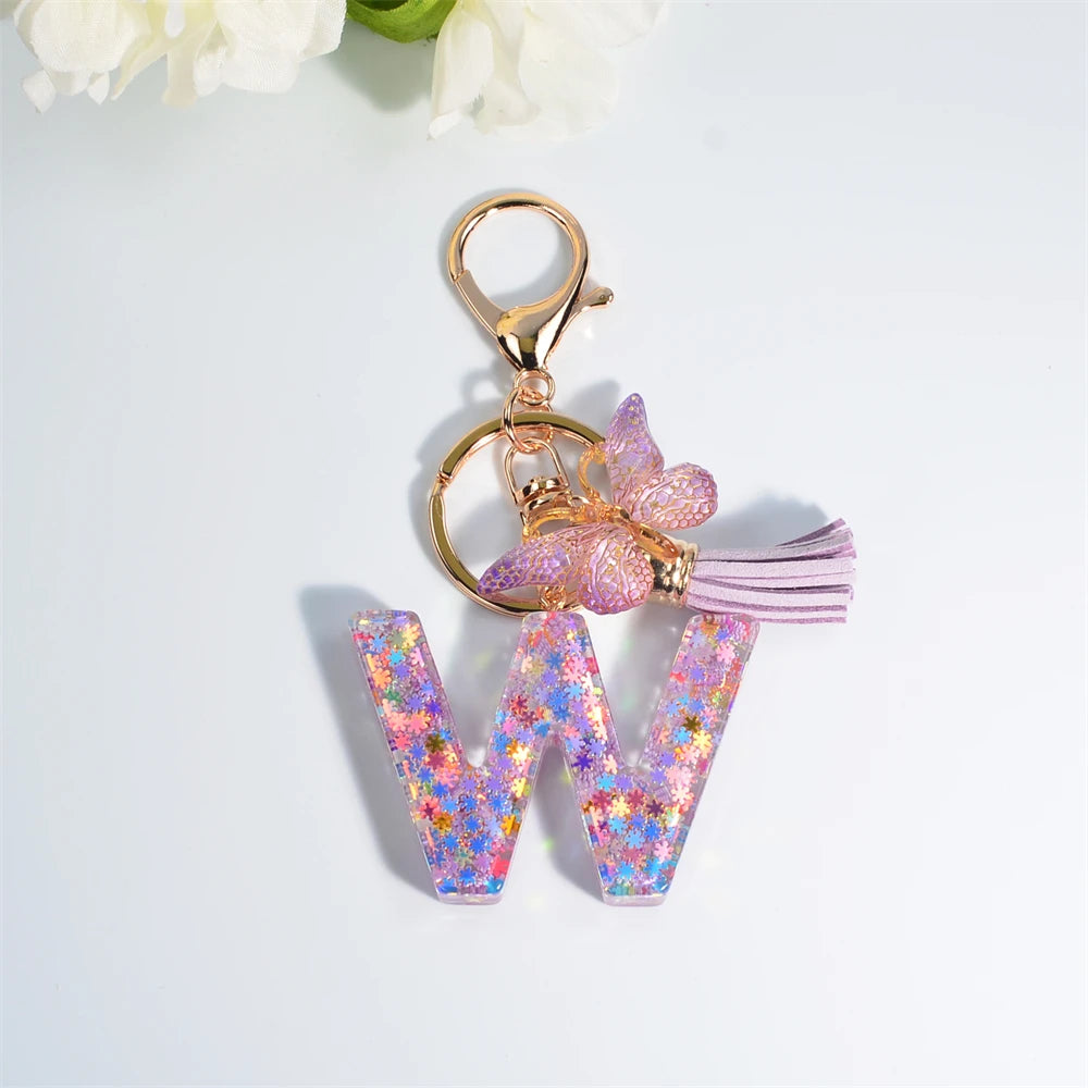 A-Z Dreamy Sequin Letters Keychain for Women Tassel Butterfly Pendant Initial Keyring Purse Suspension Bags Charms Car Key Chain