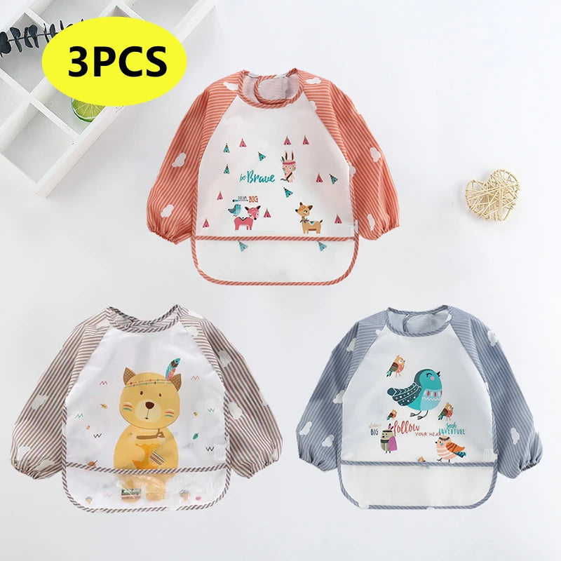 Baby Bibs Cute Colorful Cartoon Waterproof Bib Infant Eating Children Drawing Long Sleeve Pocket Apron Self Feeding Baby 0-3Y