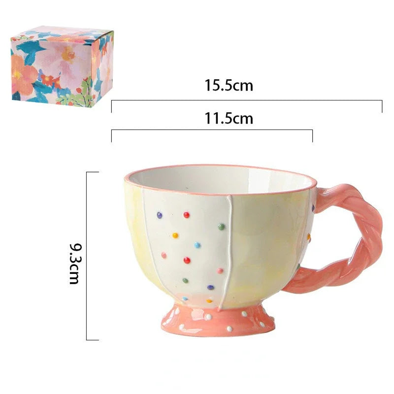 Cute Ceramic Mug Hand-painted Embossed Breakfast Cup 450ML Home Oatmeal Cups Breakfast Mugs Creative Milk Cups Coffee Cups