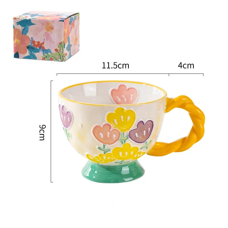 Cute Ceramic Mug Hand-painted Embossed Breakfast Cup 450ML Home Oatmeal Cups Breakfast Mugs Creative Milk Cups Coffee Cups