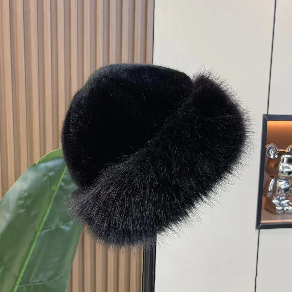 2024 Y2K Fluffy Faux Fur Bucket Hat Women Rabbit Fur Warm Thick Plush Winter Hat Lady Luxury Fashion Furry Panama Fisherman Cap