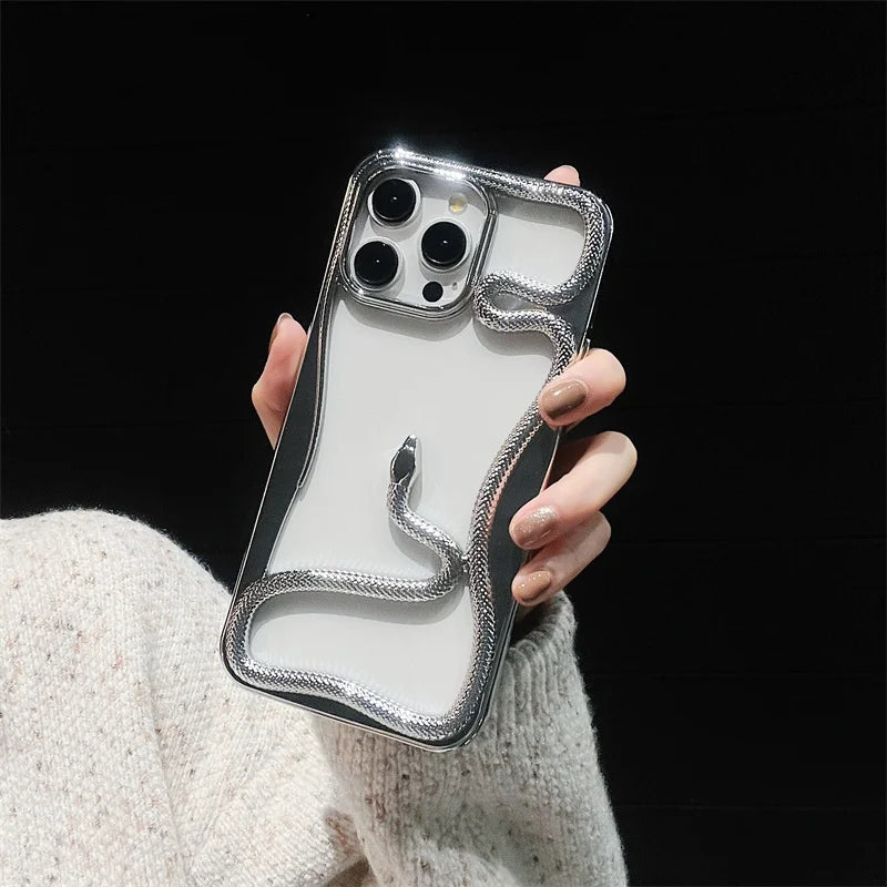 3D Snake Pattern Luxury Plating Phone Case For iPhone 16 15 14 Plus 13 12 11 Pro Max Hollow Out Shockproof Proteciton Soft Cover