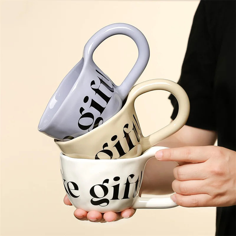 350ml English alphabet Large Handle Ceramic Mug Hand Pinched Irregular Coffee Cups Milk Oatmeal Cup Home Office Water Cups