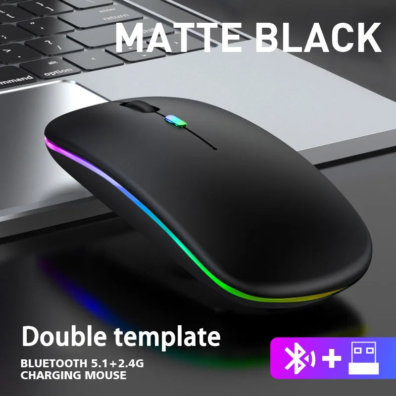 Wireless Mouse Bluetooth and 2.4GHz Dual Modes Rechargeable RGB Ergonomic Silent Click for PC iPad Laptop Cell Phone TV