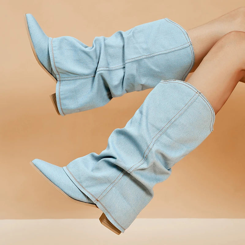 Pleated Block Heels Denim Boots for Women 2024 Autumn Pointed Toe Women High Knee Boots Plus Size Fashion Cowboy Woman Boots