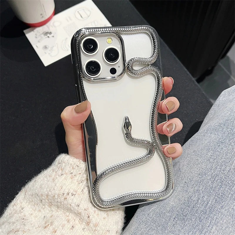 3D Snake Pattern Luxury Plating Phone Case For iPhone 16 15 14 Plus 13 12 11 Pro Max Hollow Out Shockproof Proteciton Soft Cover