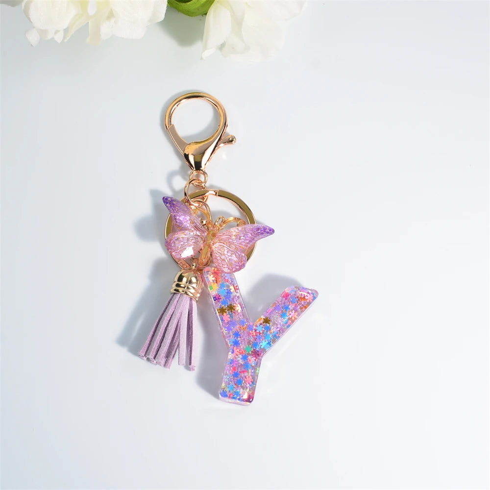 A-Z Dreamy Sequin Letters Keychain for Women Tassel Butterfly Pendant Initial Keyring Purse Suspension Bags Charms Car Key Chain