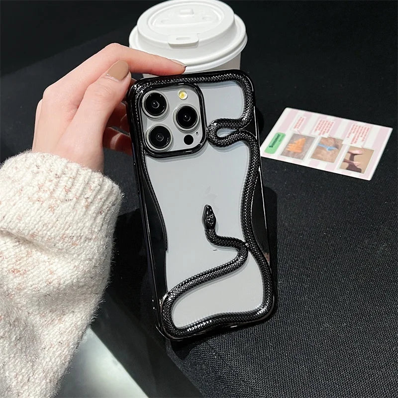 3D Snake Pattern Luxury Plating Phone Case For iPhone 16 15 14 Plus 13 12 11 Pro Max Hollow Out Shockproof Proteciton Soft Cover