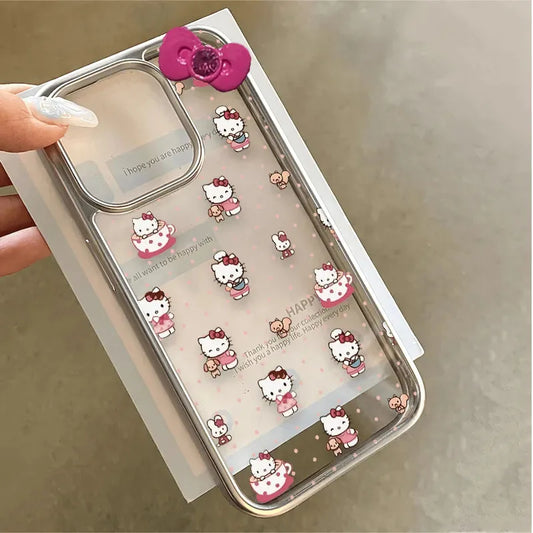 Full Screen Hello Kitty Wave Point Bow Cute Phone Case For iPhone 16 15 14 12 13 11 Pro Max XR XS MAX 7 8 PLUS Y2K Girl Cover