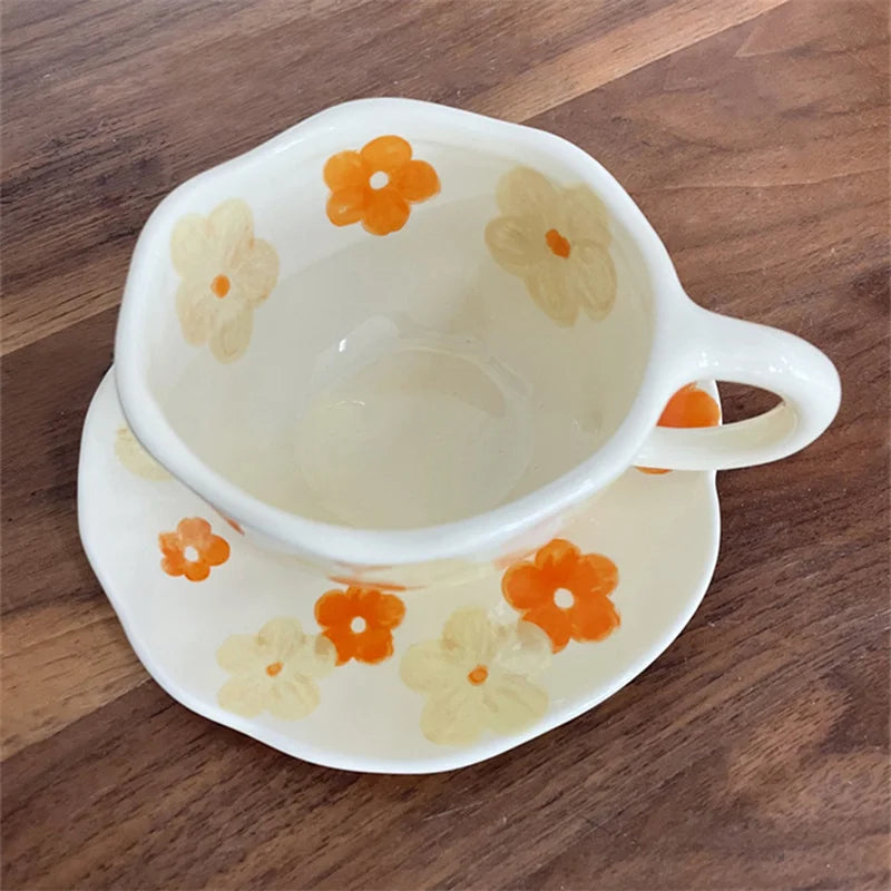 Korean Style Flower pattern Ceramic Cup and Saucer Set Hand Pinched Irregular Coffee Cup Milk Cup Afternoon Tea Tableware Gifts