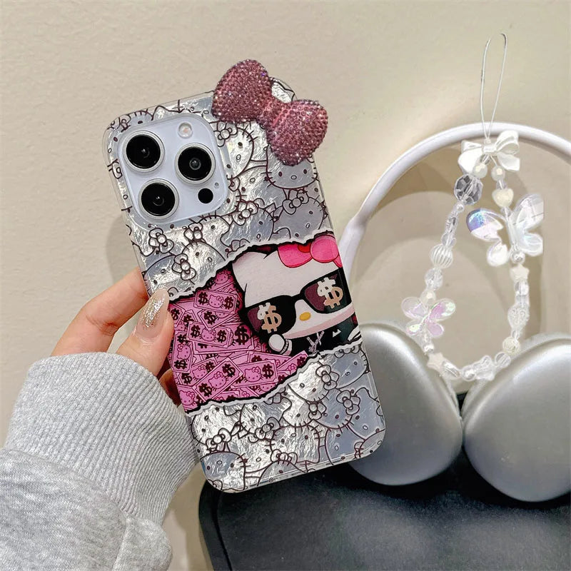 Hello Kitty Money Sunglasses KT Cat Strap Phone Case For iPhone 16 15 14 12 13 11 Pro Max XR XS MAX 7 8 PLUS MINI Y2K Girl Cover