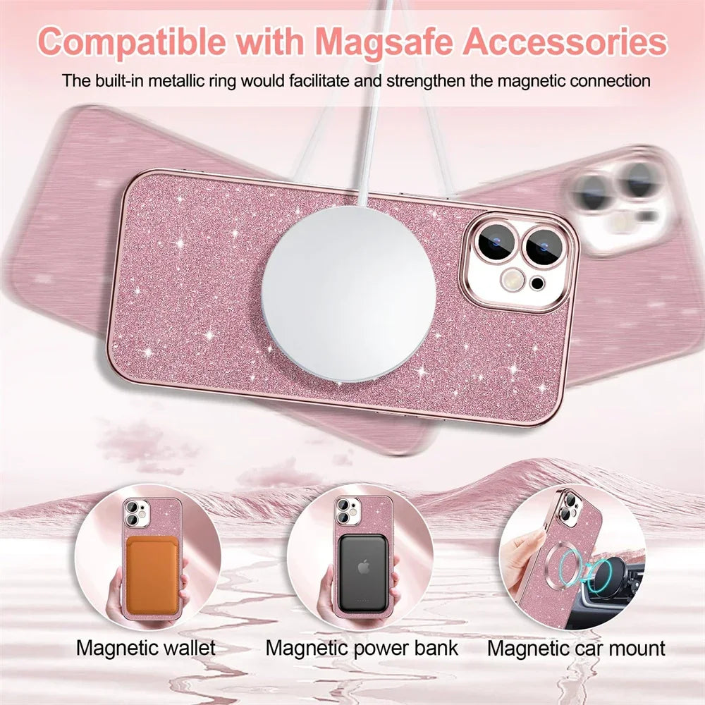 Electroplate Glitter Case For iPhone 16 15 14 13 12 11 Pro Max Plus For Magsafe Wireless Charge Bumper Cover With Lens Protector