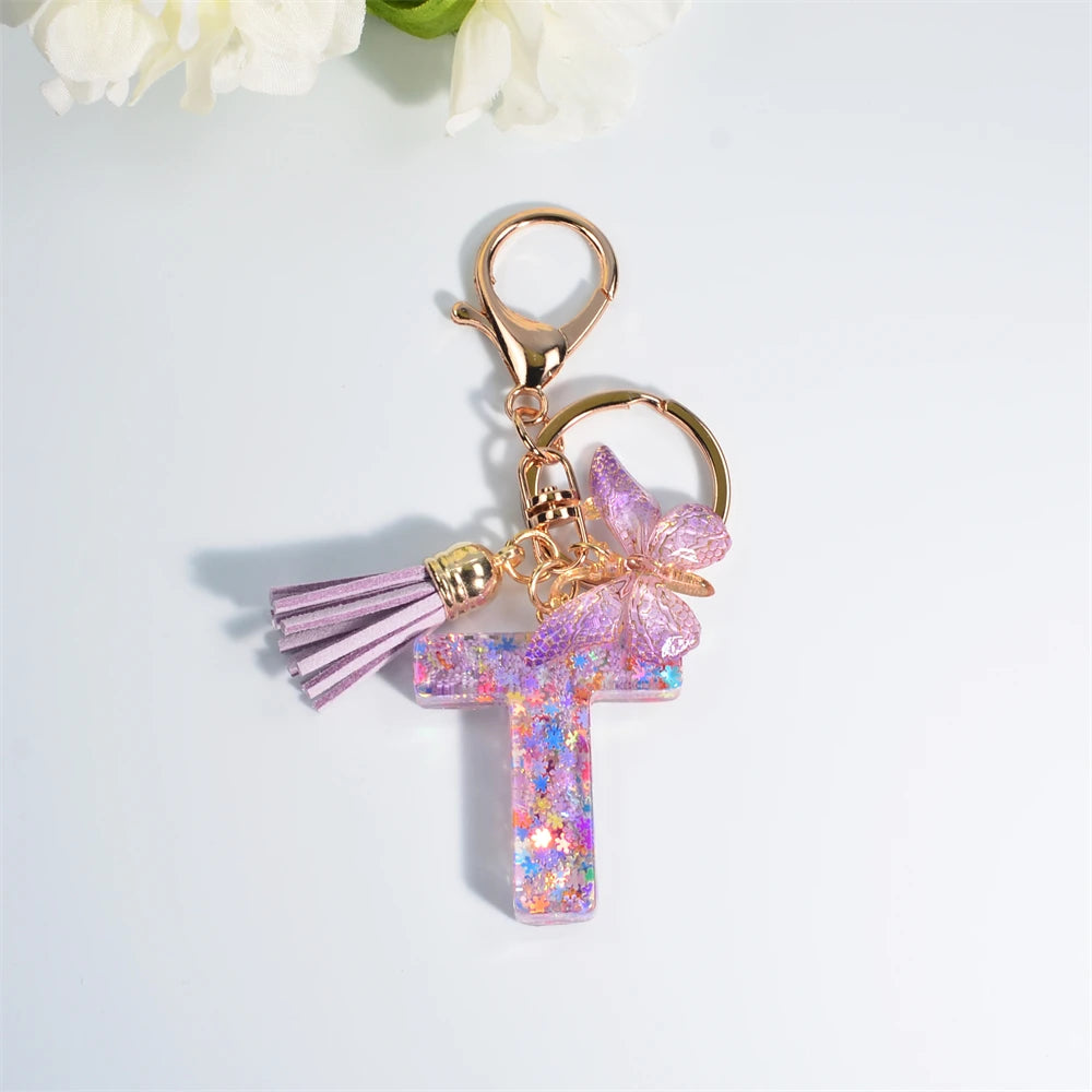 A-Z Dreamy Sequin Letters Keychain for Women Tassel Butterfly Pendant Initial Keyring Purse Suspension Bags Charms Car Key Chain