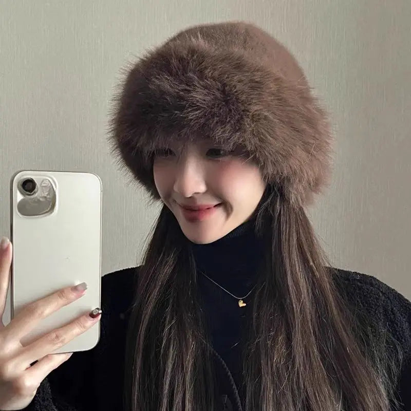 2024 Y2K Fluffy Faux Fur Bucket Hat Women Rabbit Fur Warm Thick Plush Winter Hat Lady Luxury Fashion Furry Panama Fisherman Cap