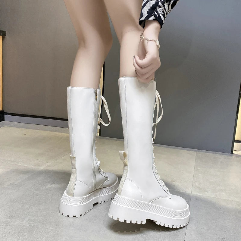 Chunky Platform Punk Boots Women Thick Bottom PU Leather Knee High Boots Woman Autumn Winter Fashion Motorcycle Botas Mujer 2024